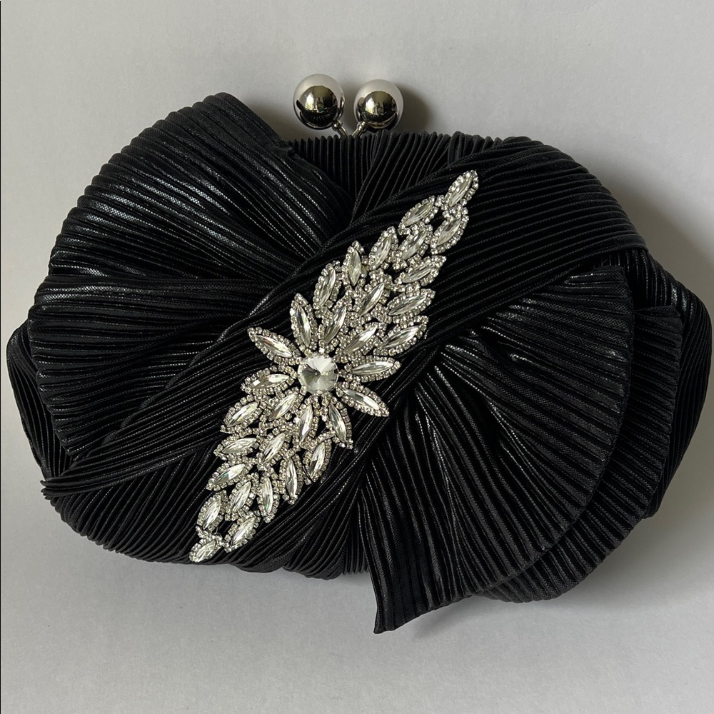 Jessica McClintock Black Satin Evening Clutch with Crystal Brooch New